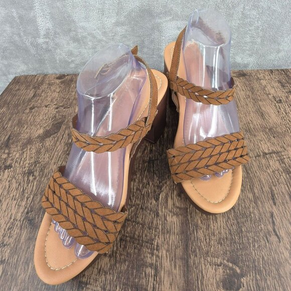 Cato Platform Block Heel Sandals 10 W Brown Faux Leather Strappy Ankle Boho Chic - Picture 13 of 14